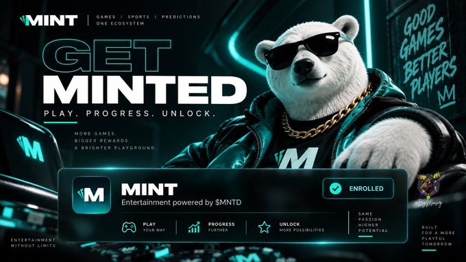 A promotional banner for 'MINT' entertainment platform featuring a stylized polar bear wearing sunglasses and a gold chain, with text 'GET MINTED - PLAY. PROGRESS. UNLOCK' and 'GOOD GAMES BETTER PLAYERS'.
