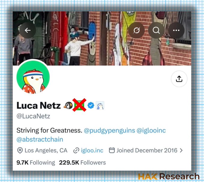 Twitter/X profile screenshot for Luca Netz (@LucaNetz), co-founder of Pudgy Penguins, with bio 'Striving for Greatness.' and links to @pudgypenguins, @iglooinc, and @abstractchain. Based in Los Angeles, CA, with 229.5K followers.