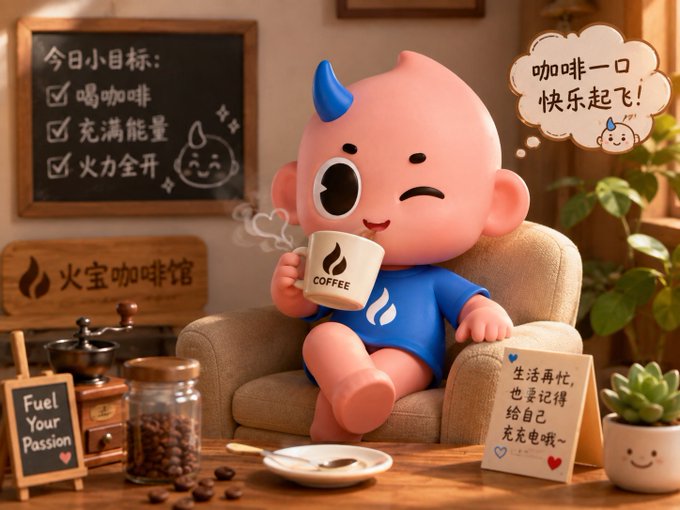 Cute 3D pink cartoon character in a blue shirt drinking from a coffee mug in a cozy café setting with Chinese text about daily goals including '喝咖啡', '充满能量', and '火力全开'.
