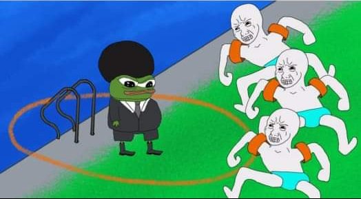 A Pepe the Frog cartoon wearing a suit with an afro, lassoing three running figures styled after the "Rage Comic" meme, set against a blue and green background.