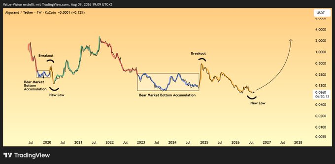 A weekly Algorand (ALGO/USD) chart from TradingView dated August 9, 2024, shows historical price action with annotated "Breakout" and "Bear Market Bottom Accumulation" phases around 2020 and 2024, followed by a projected curve to a "New Low" around 2026, before an upward arrow pointing to a potential new all-time high by 2027. The chart supports the bullish post claiming that ALGO's path to a new ATH is already evident in its historical accumulation and breakout patterns.