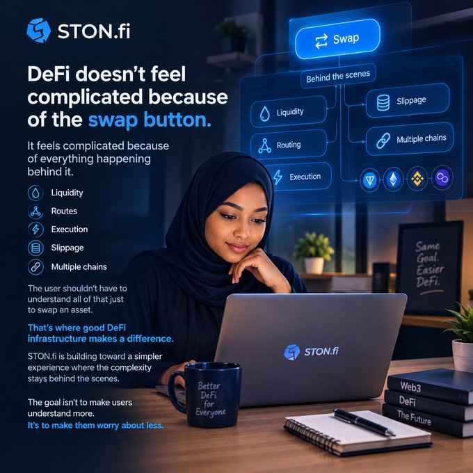 A marketing image for 'STON.fi' shows a woman in a dark hijab working on a laptop beside a 'Better DeFi for Everyone' mug, with text explaining that 'DeFi doesn't feel complicated because of the swap button' and listing behind-the-scenes elements: Liquidity, Routes, Execution, Slippage, and Multiple chains.