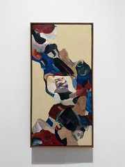 A vertical abstract painting featuring stylized figures in red, blue, and black on a beige background.