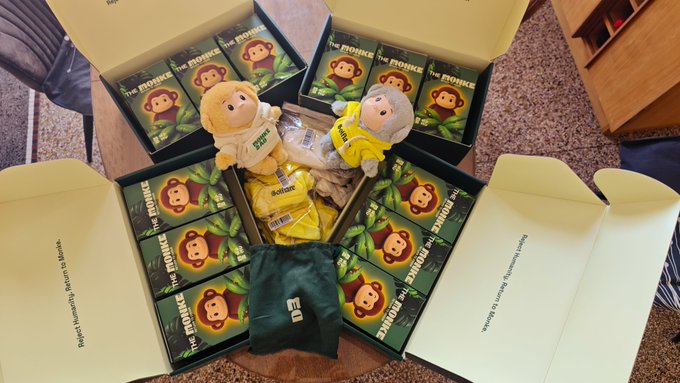 Overhead view of open boxes containing "The Monke" branded merchandise, including plush monkey toys, with a green "ED" pouch in the center.