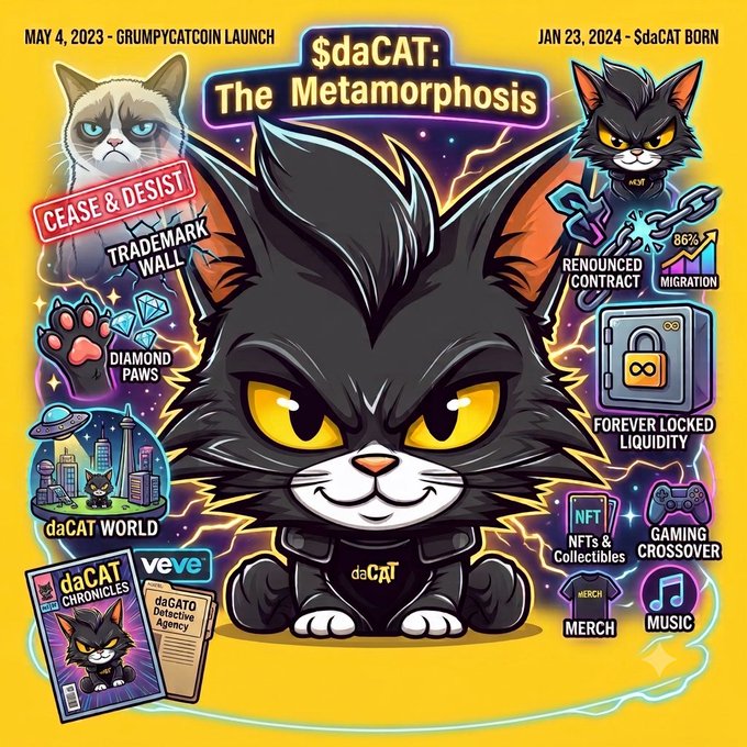 A promotional graphic titled '$daCAT: The Metamorphosis' showing a black cat mascot, documenting the transition from Grumpy Cat Coin (May 4, 2023) to $daCAT (Jan 23, 2024), highlighting cease & desist, trademark wall, 86% migration, locked liquidity, NFTs, gaming, merch, and music.