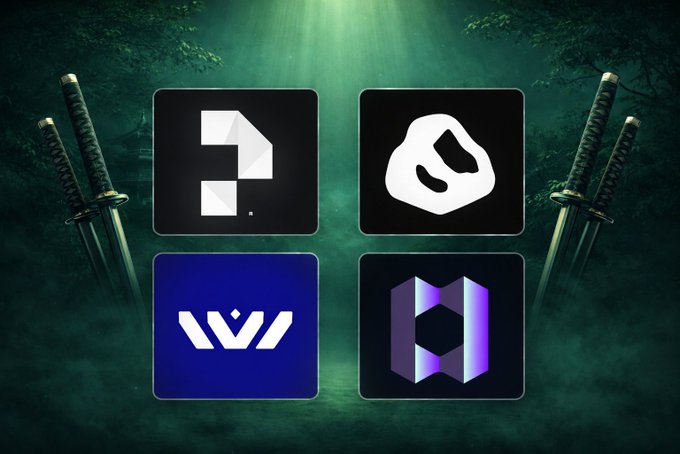 The image features four square icons, each representing a different cryptocurrency or protocol. The first icon shows a sword symbolizing Bitcoin, while the second icon displays a question mark for Ethereum. The third icon represents a heart symbol for Ripple, and the fourth icon is a diamond shape with a "W" in the center, which could be a logo or symbol related to another cryptocurrency or protocol.