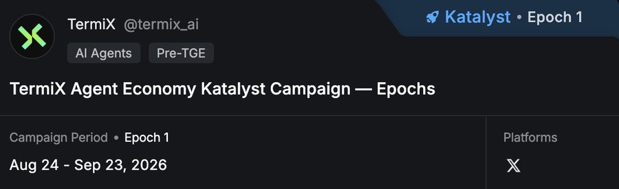 A promotional banner for TermiX (@termix_ai) advertising their 'Agent Economy Katalyst Campaign — Epochs' on the X platform, running from Aug 24 - Sep 23, 2026.