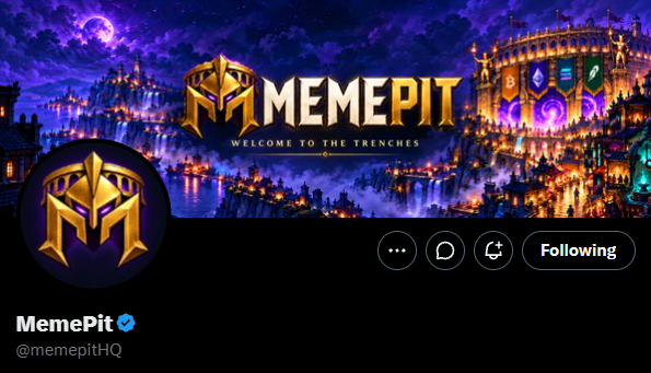 A Twitter/X profile banner for the verified account "MemePit" (@memepitHQ) displays an epic fantasy kingdom landscape with the tagline "WELCOME TO THE TRENCHES" and the "MEMEPIT" logo, aligning with the post about 1,111 Genesis Anons joining Robinhood Chain.