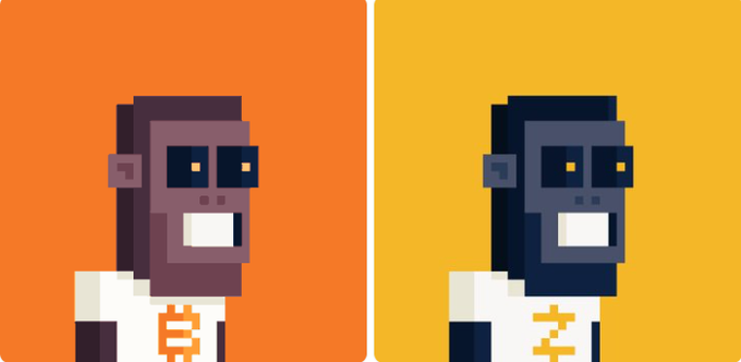 Two pixel-art style characters resembling apes/monkeys side by side, one on an orange background with a Bitcoin logo shirt and one on a yellow background with a dollar sign shirt.
