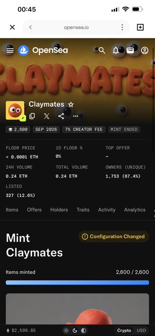 A mobile screenshot of the OpenSea NFT marketplace page for a collection called 'Claymates,' showing a floor price below 0.0001 ETH, 24H volume of 0.24 ETH, 1,753 owners, and 2,600/2,600 items minted.