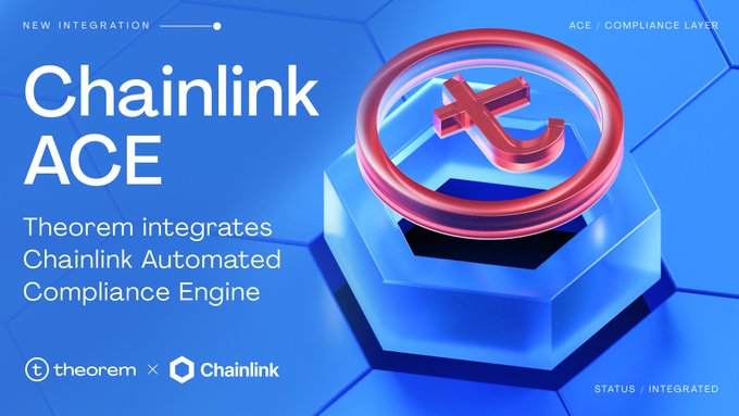 A blue promotional graphic announces “Chainlink ACE” and says, “Theorem integrates Chainlink Automated Compliance Engine,” with Theorem, Chainlink, and “STATUS / INTEGRATED” branding.