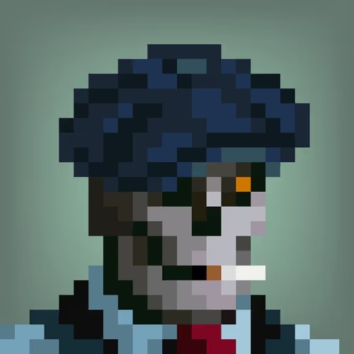 A pixelated portrait of a figure wearing a dark blue turban or hat, dark sunglasses, and holding a cigarette, rendered against a teal background.
