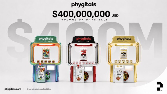 Phygitals celebrates surpassing $400,000,000 USD in trading volume, showcasing their "Daily Pack," "Elite Pack," and "Legend Pack" collectible vending machines. The image reinforces the post's milestone announcement by prominently displaying the "$400M" figure alongside the three cross-dimension collectible tiers.