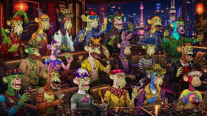 The image features a group of animated monkeys sitting around a table with drinks, including wine glasses and cups. The scene takes place in an urban setting, possibly at a bar or restaurant, as indicated by the presence of chairs and other people present. The monkeys are dressed up for a party, adding to the festive atmosphere. The post is titled "BAYC @BoredApeYC" and includes text such as "@mfigge personally leading the Asia tour, accompanied by Asia region head @veratheape First stop right in Chinese Taiwan June 22 - 24 Monday - June 24".