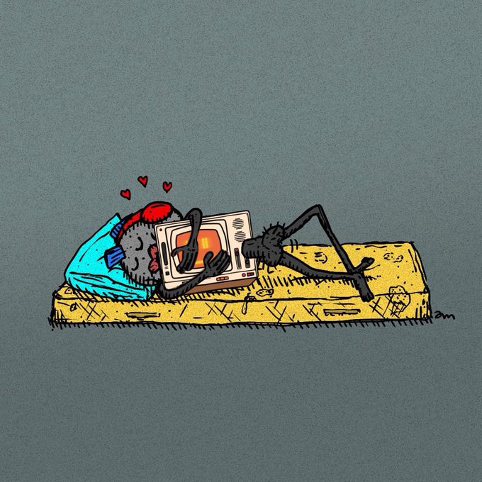 A cartoon illustration of a gray spider with a red heart-patterned abdomen lying on a yellow mattress, cuddling a small white retro television set, with a small orange cat nearby.