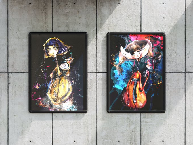 Two framed digital watercolor paintings hang side by side on a concrete wall, each depicting a mysterious fantasy girl—one with dark hair in cool blue and gold tones, the other with brown hair in warm orange and crimson hues—both rendered in vibrant, ethereal detail that matches the "Probably Otherworldly 2" collection theme.