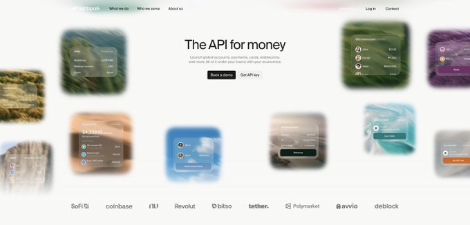 The image shows the Lightspark homepage featuring the tagline "The API for money" with partner logos including SoFi, coinbase, NU, Revolut, bilso, tether, Polymarket, avvio, and deblock. The screenshot highlights avvio among Lightspark's partner companies, connecting to the announcement of their integration with Lightspark's Grid payment infrastructure.
