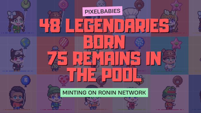 Promotional graphic for Pixelbabies NFT collection showing pixel art character sprites with text: '48 LEGENDARIES BORN, 75 REMAINS IN THE POOL, MINTING ON RONIN NETWORK'.