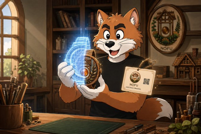 An animated anthropomorphic fox character in a workshop holds a glowing blue holographic coin, with a tag reading 'NOFU CERTIFIED ORIGINAL' visible in the scene.