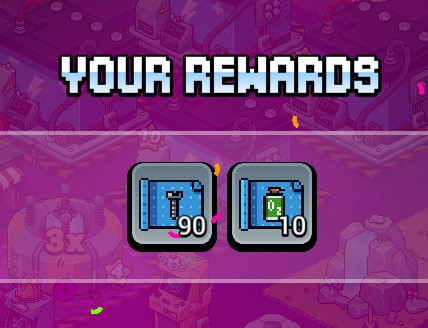 A pixel art game rewards screen reading "YOUR REWARDS" with icons showing a key x90 and a green card x10.