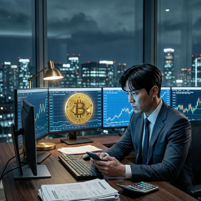 An AI-generated image of an Asian man in a suit sitting at a desk with multiple monitors displaying Bitcoin charts, holding a smartphone in a nighttime cityscape office setting.