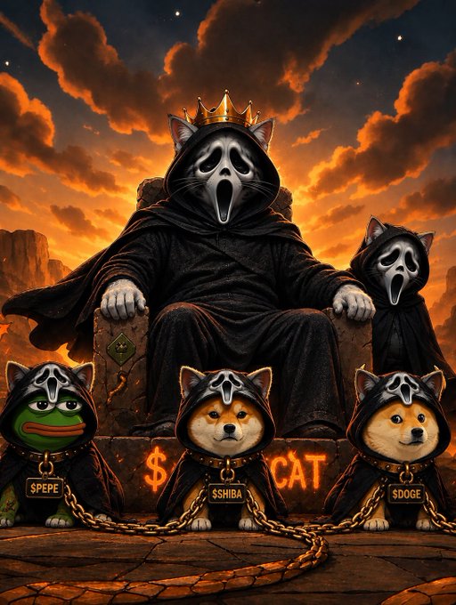 A dramatic meme-style illustration shows hooded figures wearing Ghostface masks; three chained dog characters are labeled “$PEPE,” “$SHIBA,” and “$DOGE.”