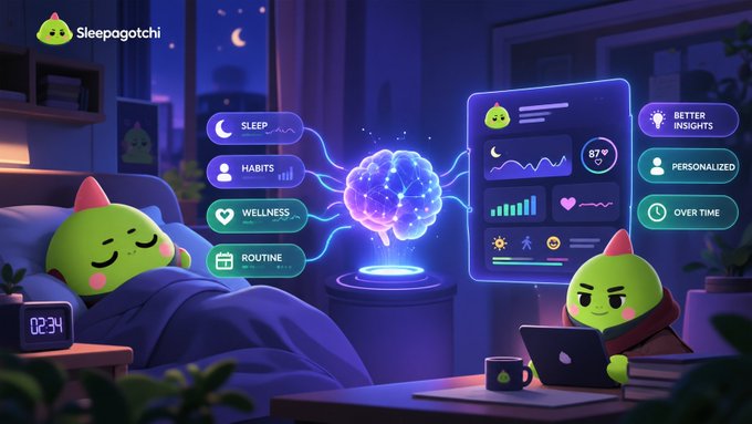 A digital illustration for 'Sleepagotchi' featuring cute green blob characters in a bedroom setting, highlighting features like 'SLEEP', 'HABITS', 'WELLNESS', and 'ROUTINE' alongside a glowing brain hologram.