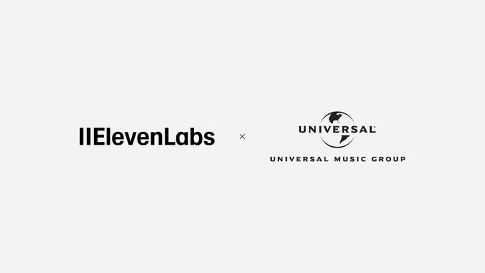 The image shows a partnership announcement between ElevenLabs and Universal Music Group (UMG), featuring the "ElevenLabs" logo alongside the "Universal Music Group" globe emblem separated by a multiplication symbol. This visual represents the collaboration mentioned in the post, where the two companies are teaming up to address longstanding issues around music remixing and fan-created content, giving artists a proper way to participate in these creations.