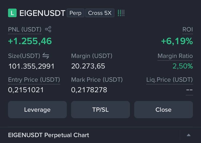 A cryptocurrency trading interface showing a long position on EIGENUSDT Perpetual (Cross 5X) with a PNL of +1,255.46 USDT, ROI of +6.19%, size of 101,355.30 USDT, and entry price of 0.2151021.