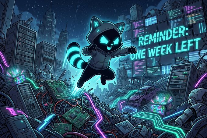 A hooded, neon-eyed raccoon leaps dynamically through a chaotic cyberpunk junkyard filled with computer hardware, tangled wires, and a small car, while a large screen in the background displays "REMINDER: ONE WEEK LEFT" in glowing text—directly reinforcing the post's urgent message about one week remaining to join "Junk Fun" Season 15 at junk.fun.