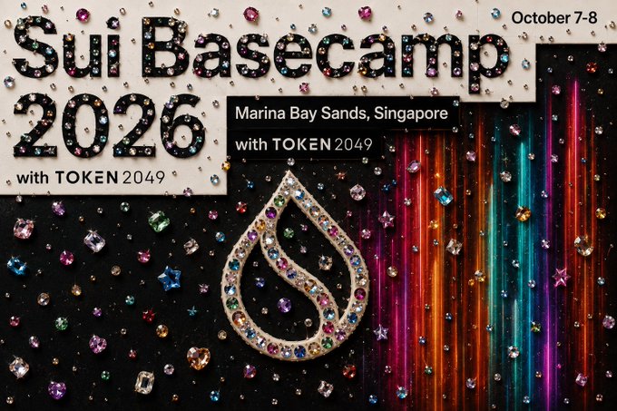 A promotional banner for 'Sui Basecamp 2026' at Marina Bay Sands, Singapore, dated October 7-8 with TOKEN2049, decorated with gems and a sparkling Sui logo.