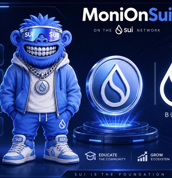 A blue cartoon monkey wearing "SUI" branded sunglasses and chains stands beside a glowing Sui coin, promoting the "MoniOnSui" platform "ON THE SUI NETWORK" with messages to "EDUCATE THE COMMUNITY" and "GROW ECOSYSTEM," with the tagline "SUI IS THE FOUNDATION"—visually reinforcing the post's point about Sui's stablecoin infrastructure enabling instant, 24/7 payments and settlement.