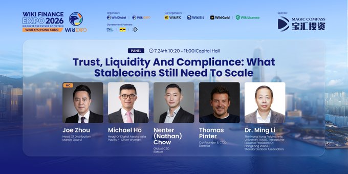 Promotional graphic for Wiki Finance Expo Hong Kong 2026 panel titled 'Trust, Liquidity And Compliance: What Stablecoins Still Need To Scale' featuring five speakers including Joe Zhou, Michael Ho, Nenter Chow, Thomas Pinter, and Dr. Ming Li.
