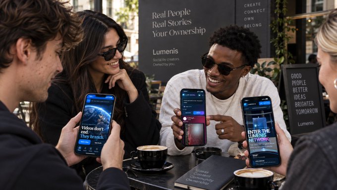 Four young adults sit around a table at a cafe, each holding up a smartphone displaying the Lumenis app; signage reads 'Real People Real Stories Your Ownership' and 'CREATE CONNECT OWN BELONG' with 'GOOD PEOPLE BETTER IDEAS BRIGHTER TOMORROW'.