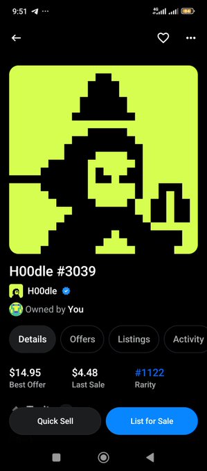 A mobile screenshot of an NFT marketplace showing a green pixelated character titled "HOOdle #3039" with a best offer of $14.95 and a rarity of #1122.