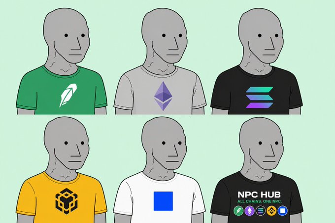 Illustration of six identical grey figures (NPC meme style) wearing t-shirts featuring different crypto/NFT project logos, with the bottom-right shirt labeled 'NPC HUB - ALL CHAINS. ONE NPC.'