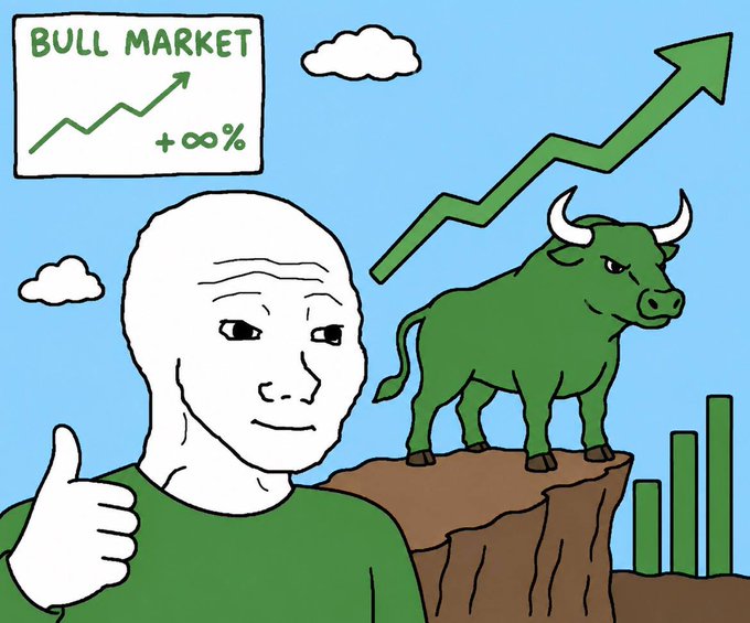 A Wojak character gives a thumbs up beneath a chart labeled "BULL MARKET +∞%", standing beside a green bull on a cliff with an upward arrow and rising bars, symbolizing optimism and massive gains.

The image's bullish imagery and "+∞%" label perfectly complement the post's "gm" celebration of surviving the bear market and maintaining unwavering faith in Ethereum mainnet's long-term potential.