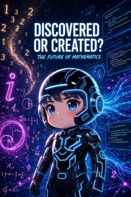 A promotional graphic titled 'DISCOVERED OR CREATED? THE FUTURE OF MATHEMATICS' featuring a cartoon character in a futuristic suit surrounded by mathematical symbols, equations, and glowing stars.