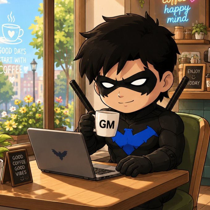 An anime-style illustration of a Batman-like character holding a coffee mug that says 'GM' while sitting at a laptop in a cafe setting.
