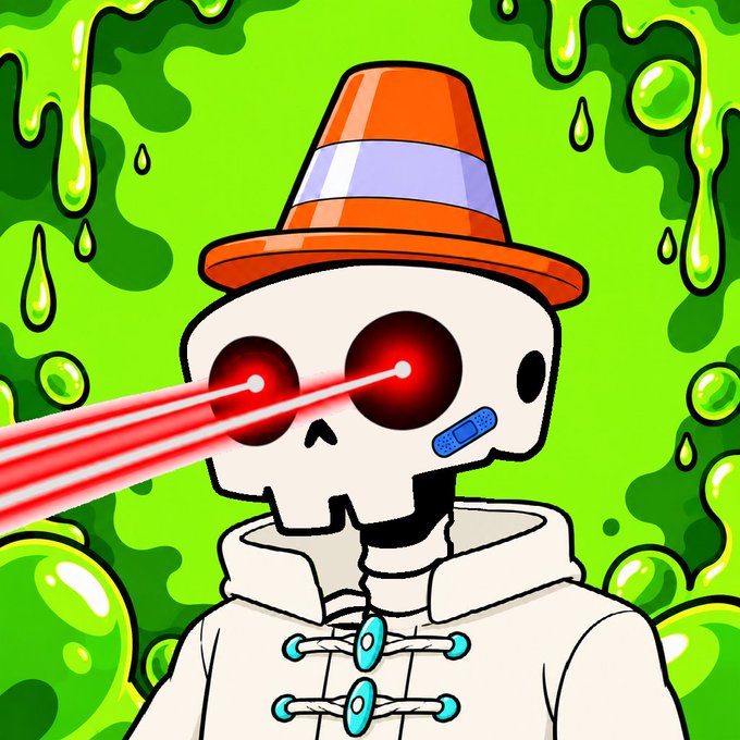 A cartoon illustration of a skull character wearing an orange hat and a hoodie with toggle closures, emitting red laser beams from its eyes against a dripping green slime background.