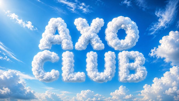 Cloud text reading 'AXO CLUB' floating in a bright blue sky with sunlight streaming through.
