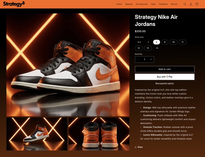 The image shows a product page from the Strategy shop featuring Nike Air Jordans mid-top sneakers in a black, white, and orange colorway, priced at $250.00 with options to select size and quantity for purchase, supporting the post about the Strategy Air Jordans being back on sale for $250.
