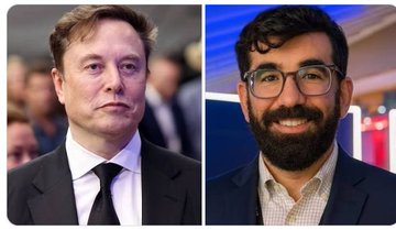 A side-by-side photo of Elon Musk on the left and another smiling man with glasses and a beard on the right.