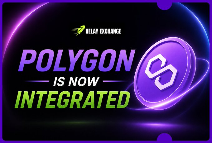 A purple promotional graphic announcing 'POLYGON IS NOW INTEGRATED' on Relay Exchange, featuring the Polygon logo.