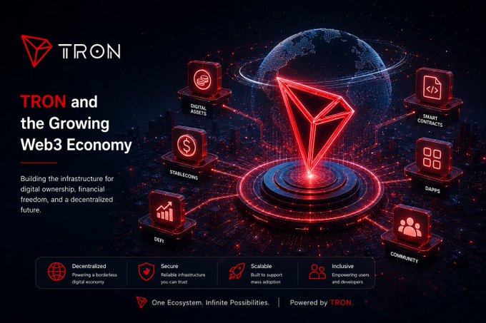 Promotional graphic for 'TRON and the Growing Web3 Economy,' illustrating features like Digital Assets, Stablecoins, DeFi, and Smart Contracts connected to a central red TRON logo over a globe.