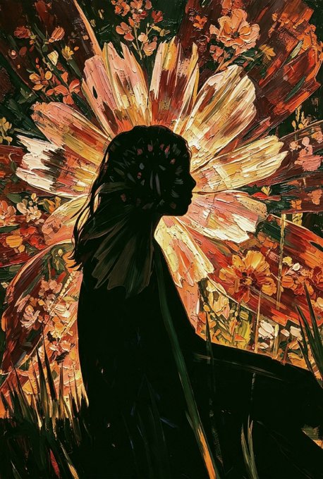 A painterly digital artwork showing a dark silhouetted figure with long hair in profile against an explosive burst of orange, red, and cream-colored brushstrokes resembling a flower or sun, surrounded by smaller floral elements.