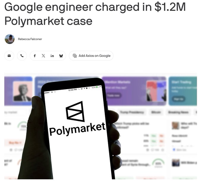 A person's hand holding a smartphone with the PolyMarket logo displayed on it, with text suggesting an engineer used inside information to make $1M from Polymarket trader AlphaRaccoon. The posts also include a photo of the trading app and some news related to it.
