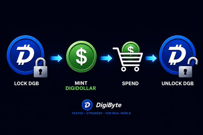 The image shows a series of four circles, each representing a different aspect of cryptocurrency trading or digital currency. The first circle contains a lock symbol with the text "Lock DGB" written above it. The second circle features a green dollar sign with the text "Spend". The third circle displays an open shopping cart icon with the text "Unlock DGB". The fourth circle has a blue dollar sign and the text " Spend". These circles are arranged in a line, creating a visual representation of how to spend digital currency.