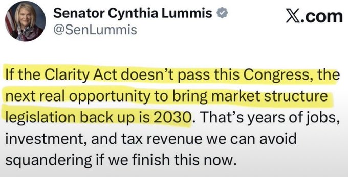 A tweet from Senator Cynthia Lummis (@SenLummis) stating: 'If the Clarity Act doesn't pass this Congress, the next real opportunity to bring market structure legislation back up is 2030. That's years of jobs, investment, and tax revenue we can avoid squandering if we finish this now.'