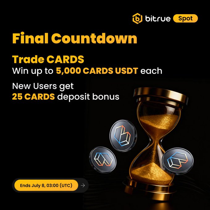 Bitrue Spot's "Final Countdown" promotion for trading CARDS, offering up to 5,000 CARDS USDT per trade and a 25 CARDS deposit bonus for new users, ending July 8 at 03:00 UTC. The image features an hourglass with golden sand and CARDS tokens, symbolizing the limited time remaining to participate in the trade and earn event.